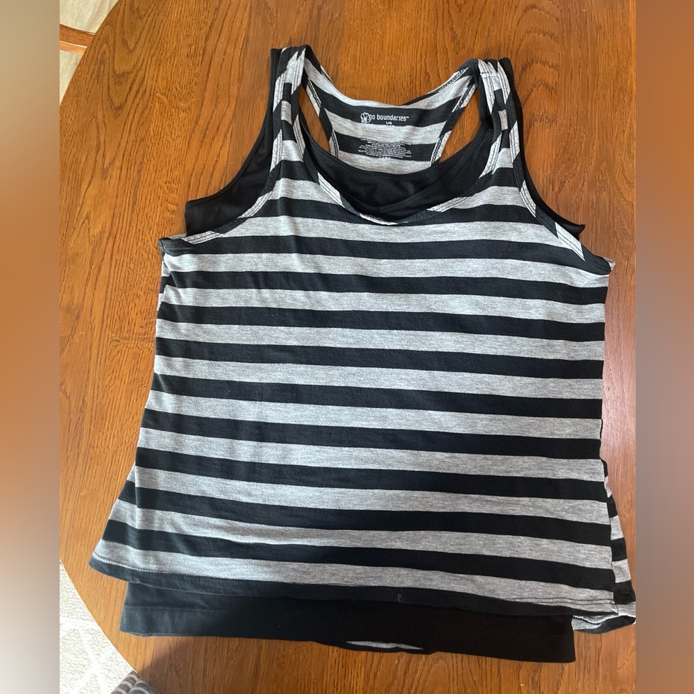 2 Tops-Stripe Semi-Square Neck Tank Top Sz L & Black Separate Under Tank Sz L